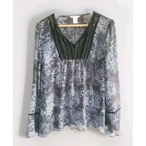 Sundace Silk Blouse  Blue Black Velvet Trim Bell Sleeve Semi-Sheer Women's 14